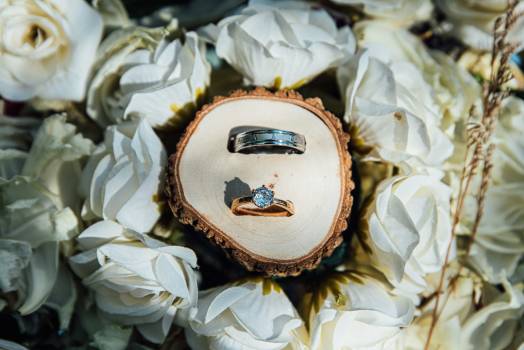 Two elegant rings displayed on a wooden slice, surrounded by soft white roses and greenery.