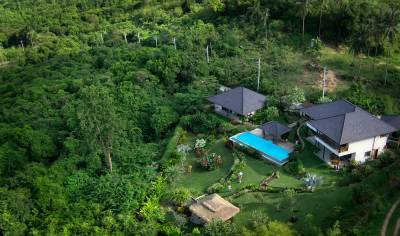 Aerial view of lush greenery surrounding a modern villa with a swimming pool and beautifully landscaped gardens.