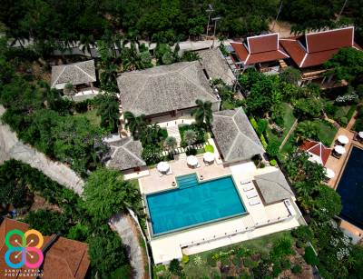 Stunning aerial view of a luxurious villa surrounded by lush greenery and a sparkling swimming pool.