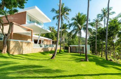 Modern house surrounded by lush greenery and coconut trees under a clear blue sky.